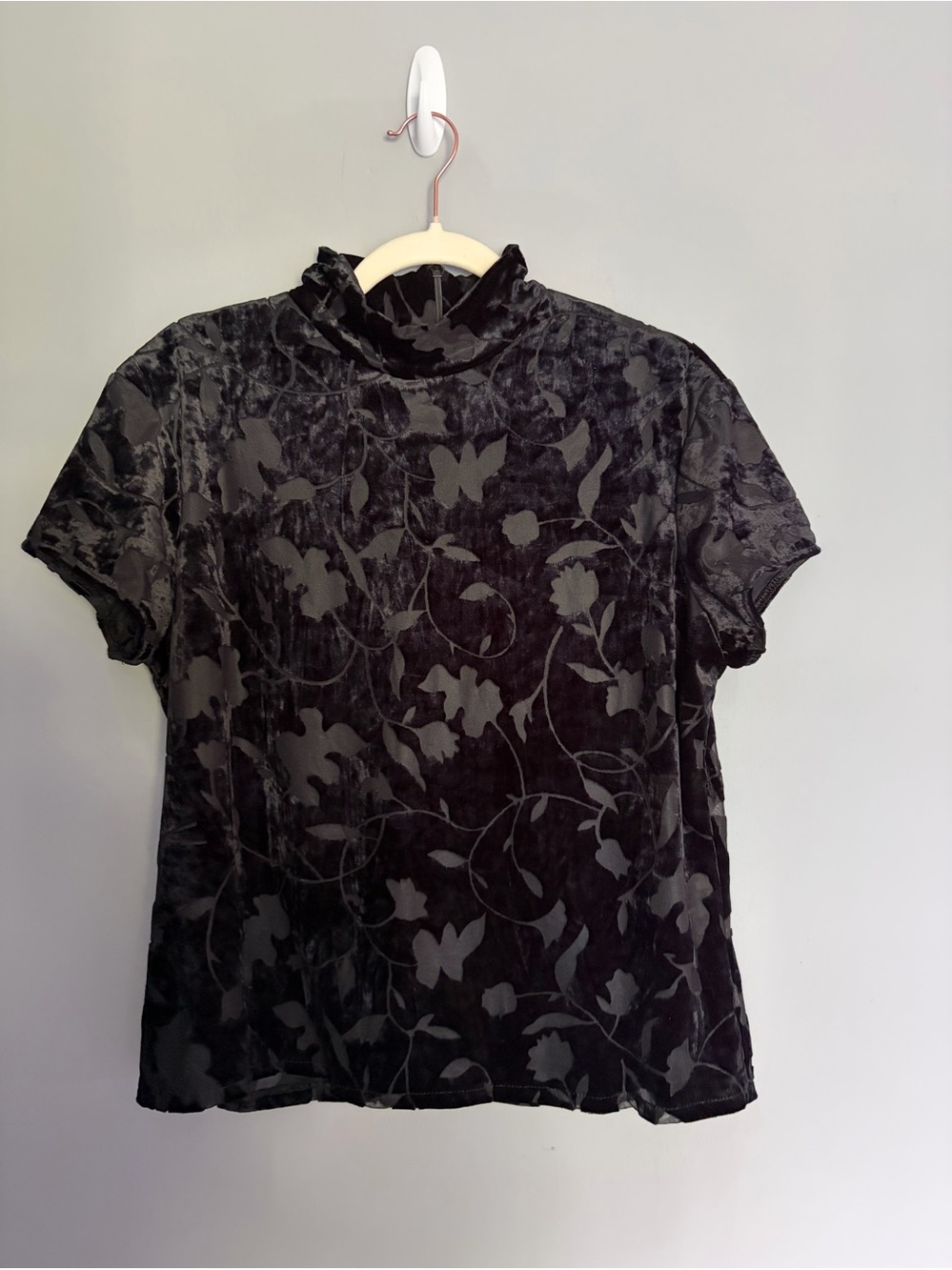 Vintage Burnout Velvet Mock Neck Top Size L Short Sleeve Sheer Whimsigoth Grunge